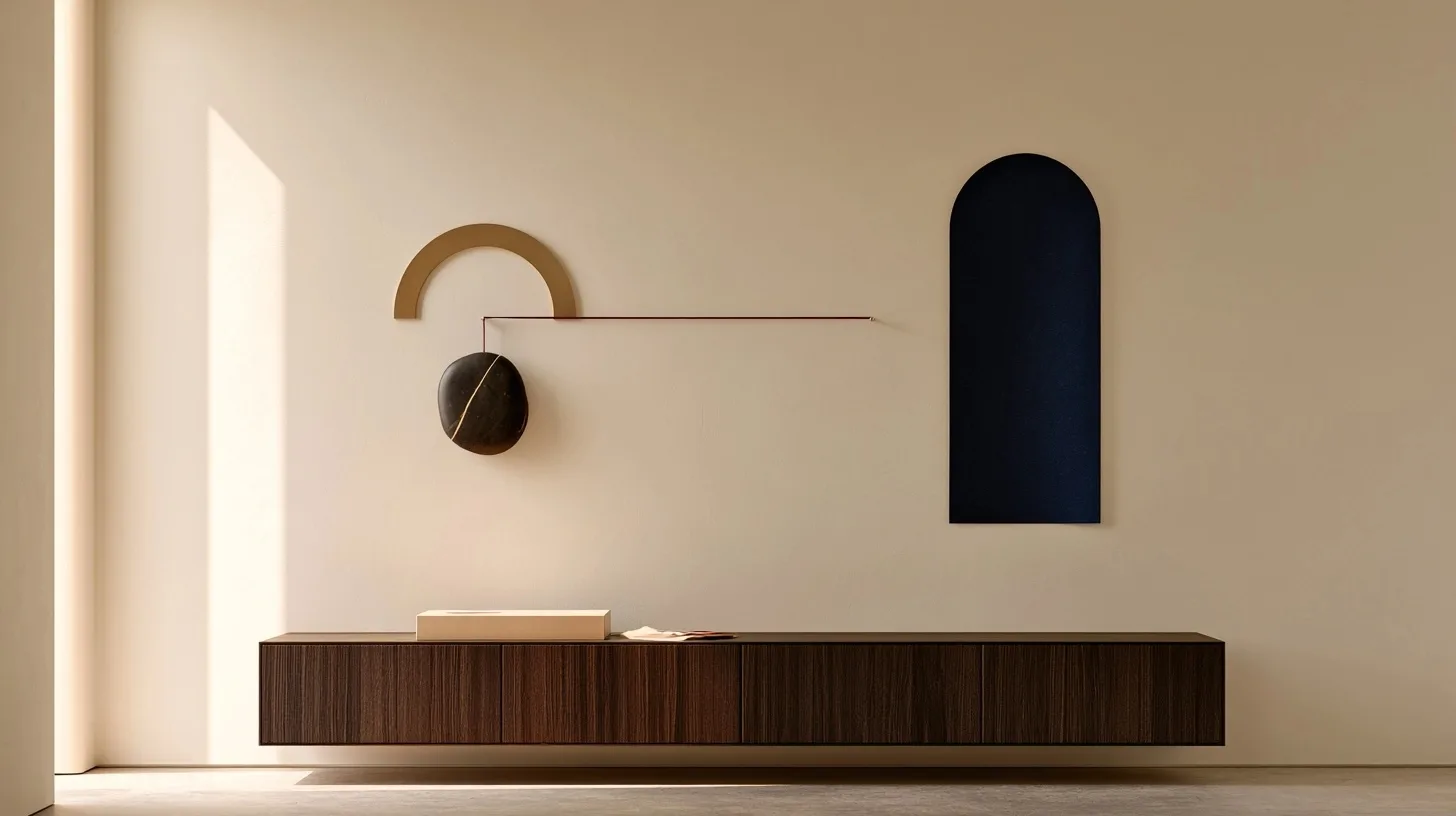 Des formes originales en laiton, pierre sombre et papier bleu nuit composent des symboles sur un mur ivoire