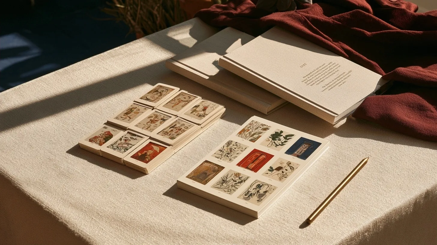 Deux jeux de cartes illustrées aux compositions distinctes près d’un carnet
