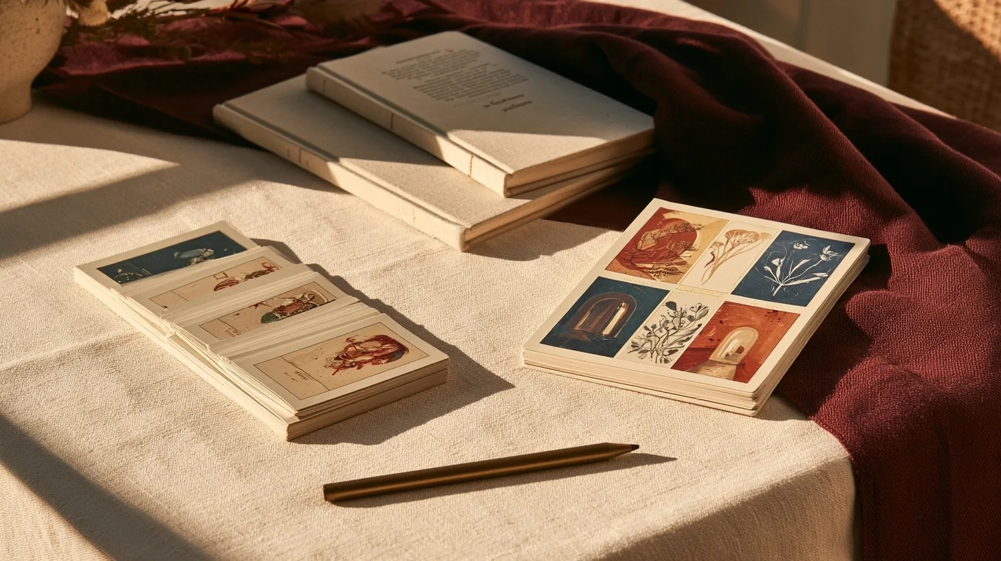 Deux jeux de cartes originaux disposés côte à côte sur une table ivoire