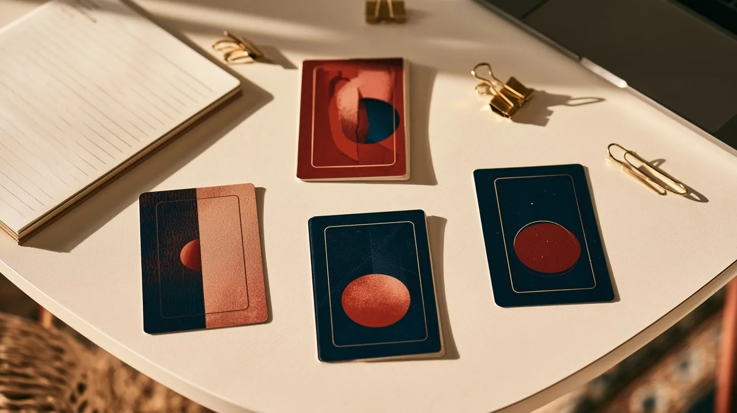 Plusieurs dispositions de cartes abstraites organisées sur un bureau avec un carnet