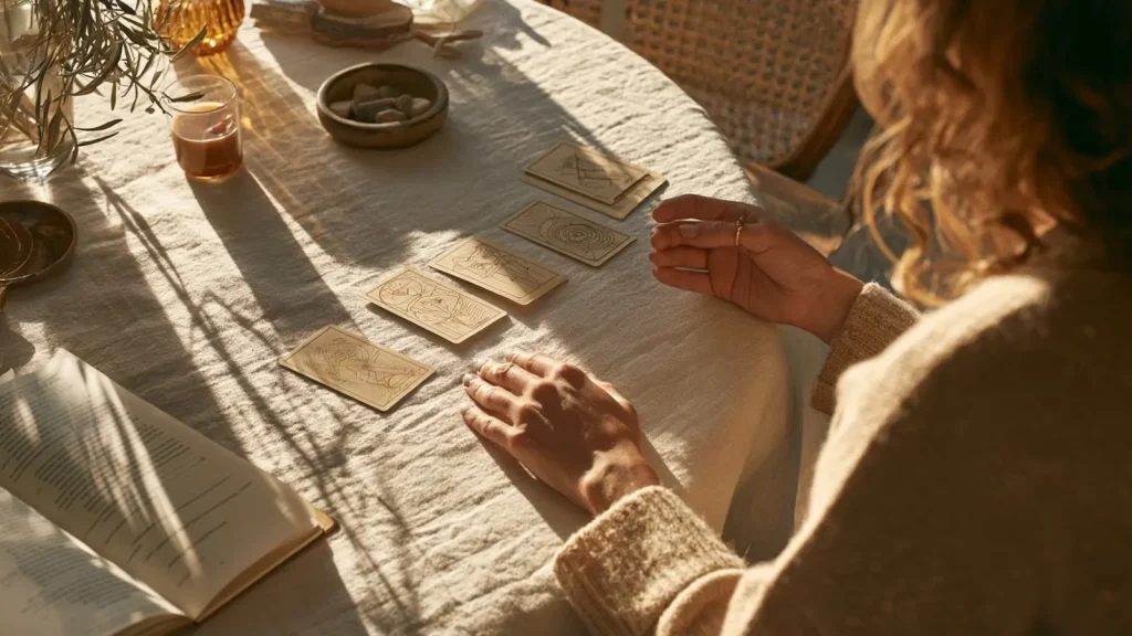 Cinq cartes d’oracle abstraites disposées sur une table devant une personne