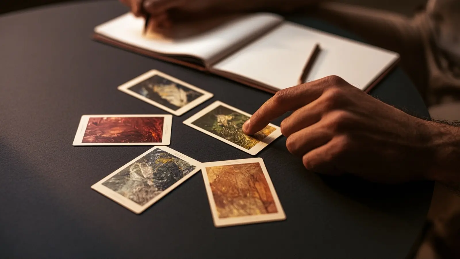 Une main observe cinq cartes abstraites disposées en tirage avec un carnet