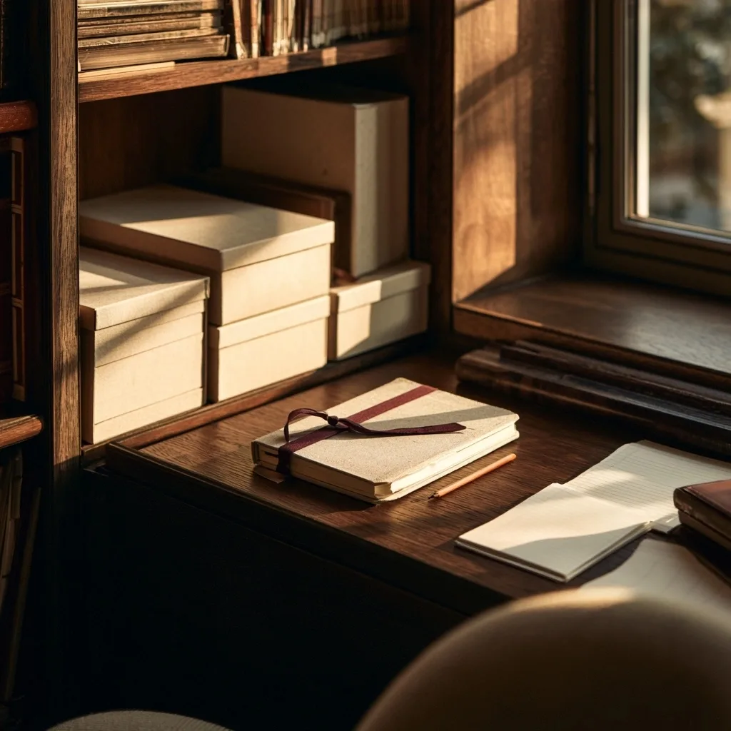 Des boîtes neutres et un cahier fermé sont rangés dans une bibliothèque en bois