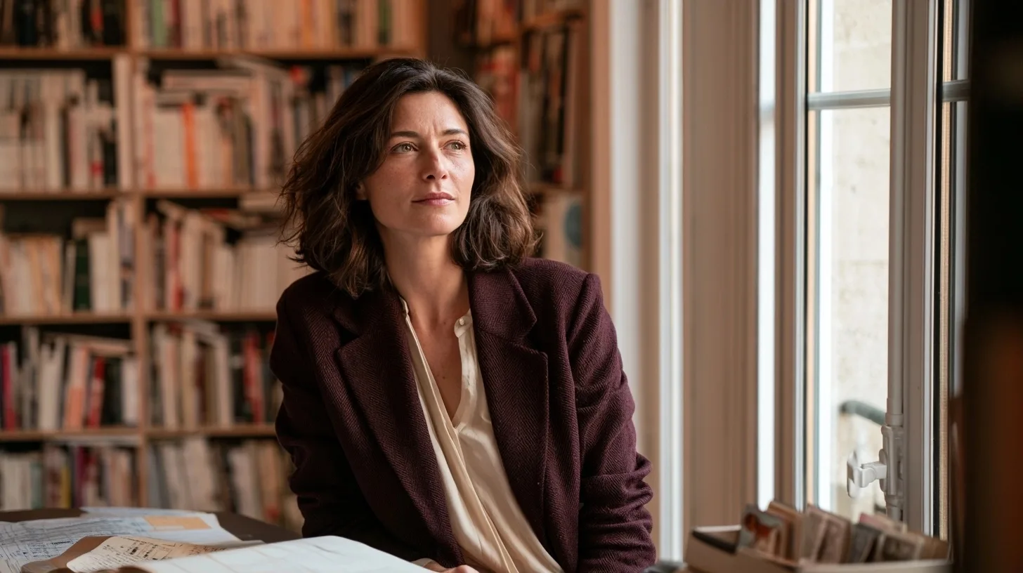 Élise Marceau en veste aubergine regarde par la fenêtre depuis une bibliothèque lumineuse
