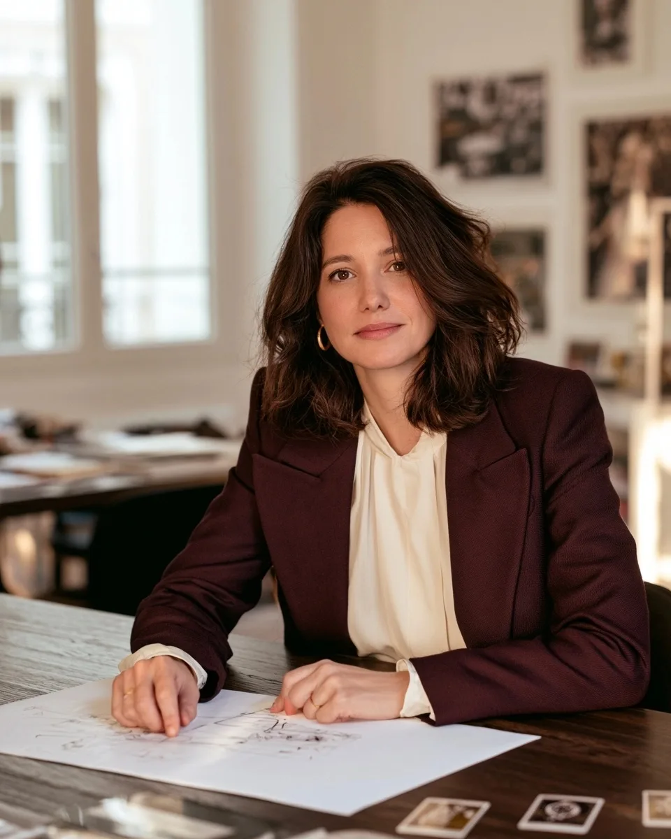 Élise Marceau en veste aubergine prépare un schéma de tirage dans une bibliothèque lumineuse