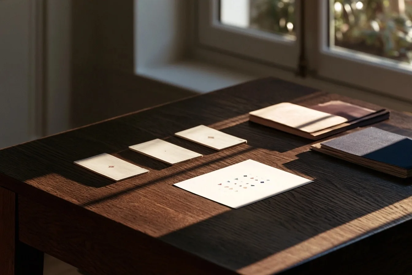 Trois positions de tirage et une fiche de repères géométriques sont disposées sur une table