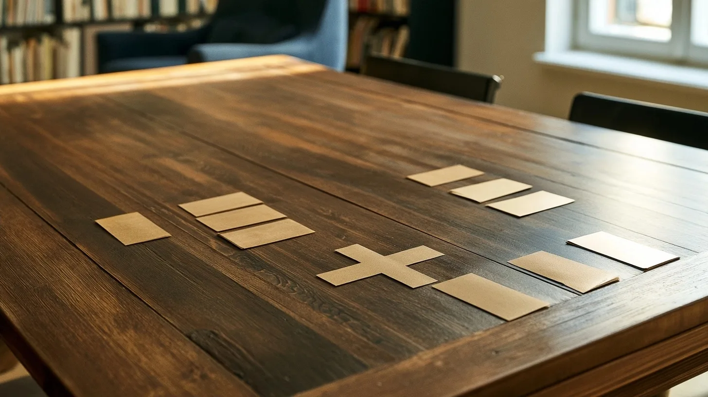 Quatre dispositions de cartes neutres sont présentées sur une grande table dans une bibliothèque