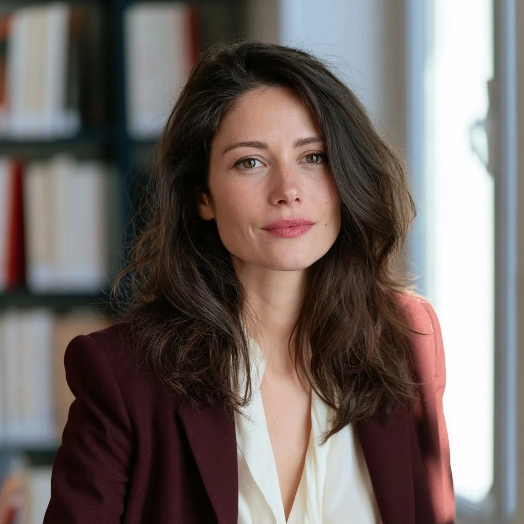 Portrait d’Élise Marceau en veste aubergine dans une bibliothèque professionnelle lumineuse