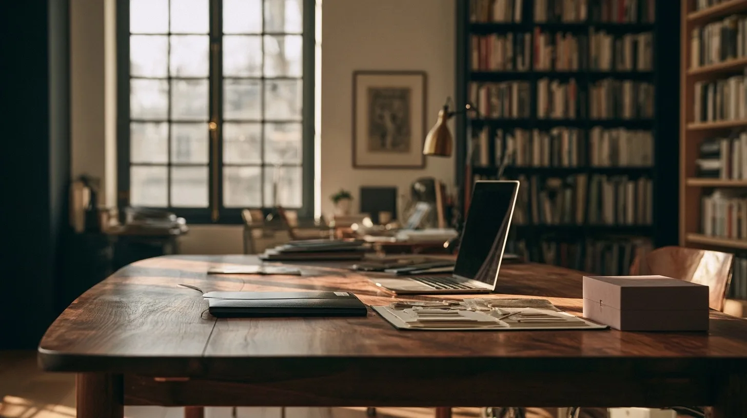 Un atelier-bureau lumineux avec une grande table, une bibliothèque et des dossiers fermés