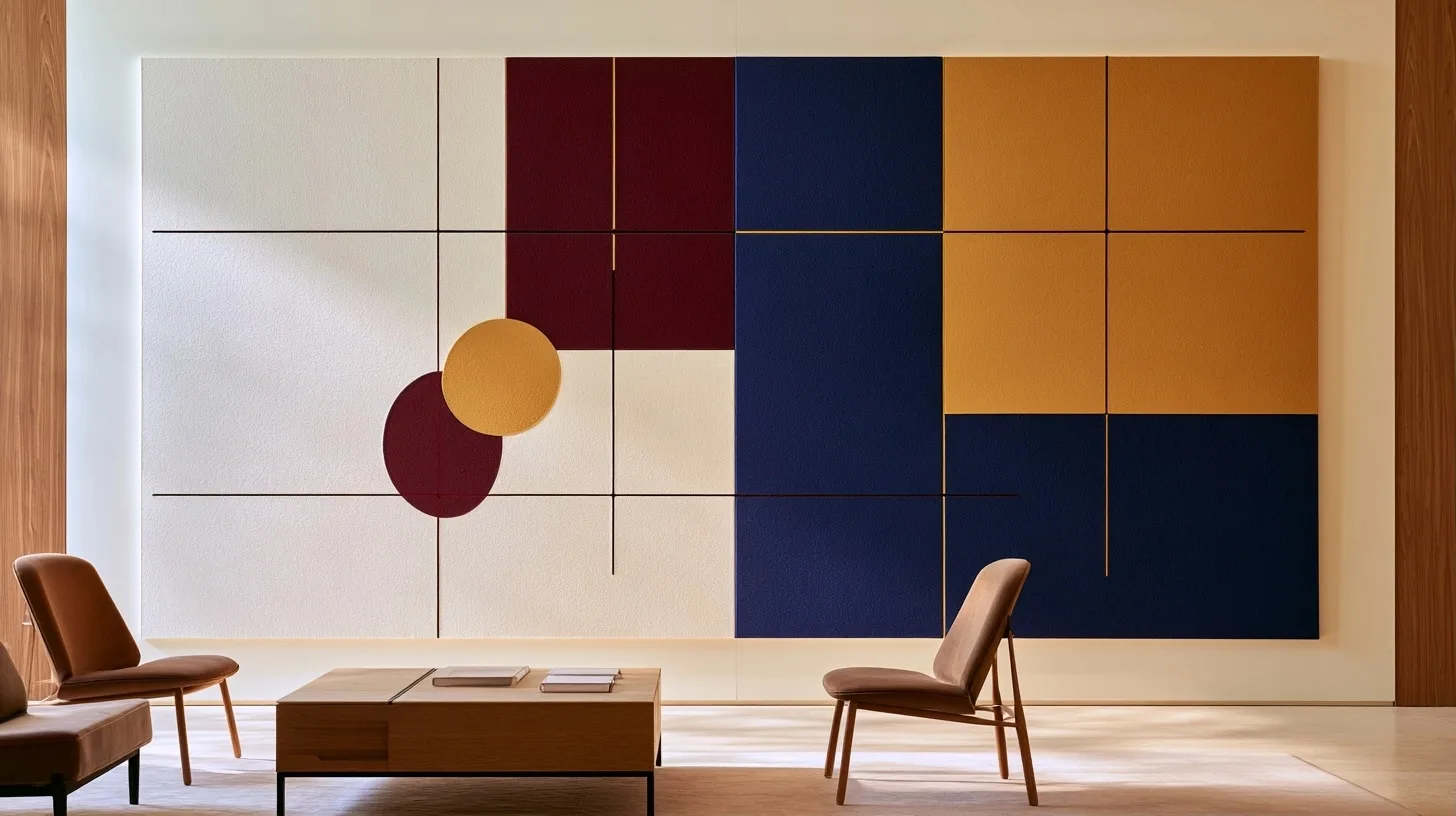 Un grand tableau mural abstrait en quatre zones dans un espace de projet lumineux