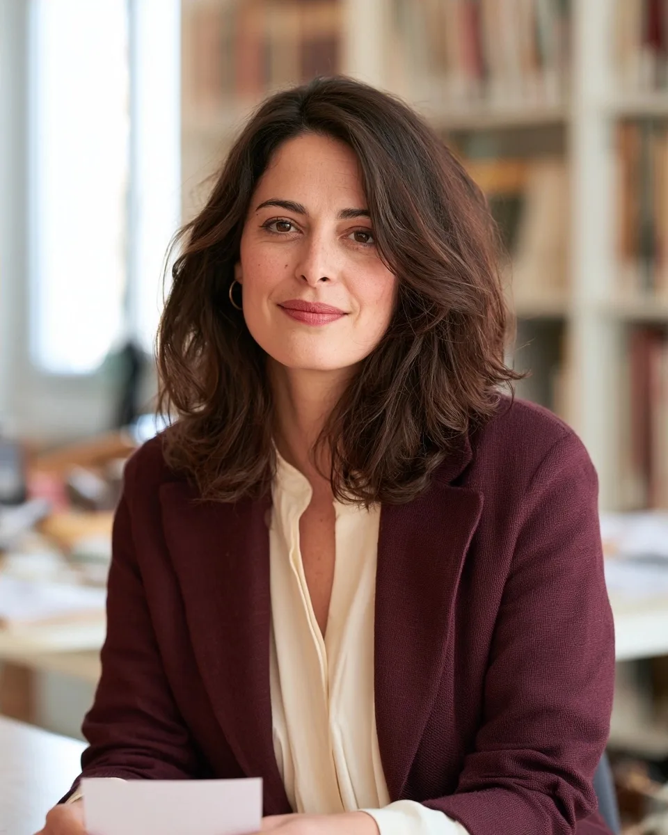 Élise Marceau, autrice-guide en veste aubergine, relit une fiche vierge dans une bibliothèque de travail