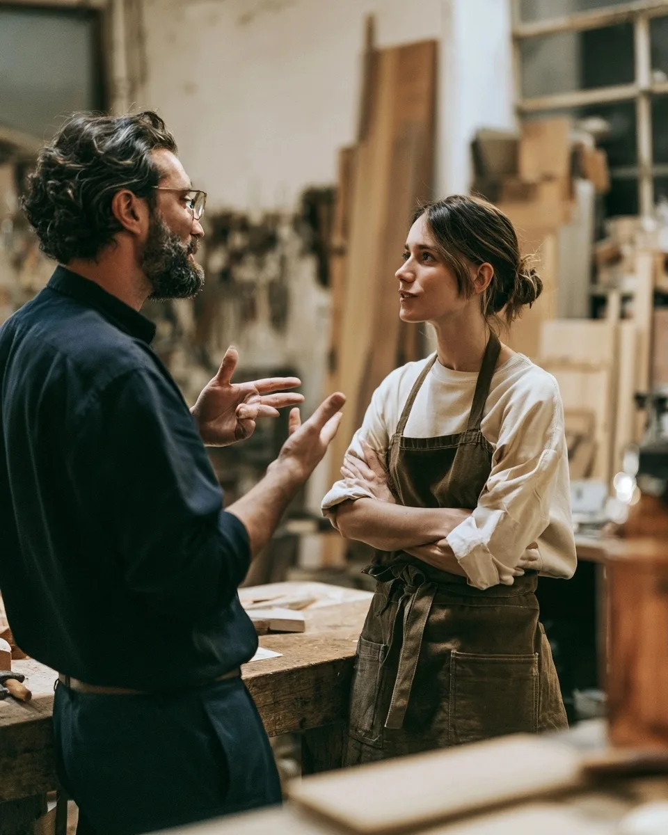 Deux professionnels échangent dans un atelier artisanal lumineux