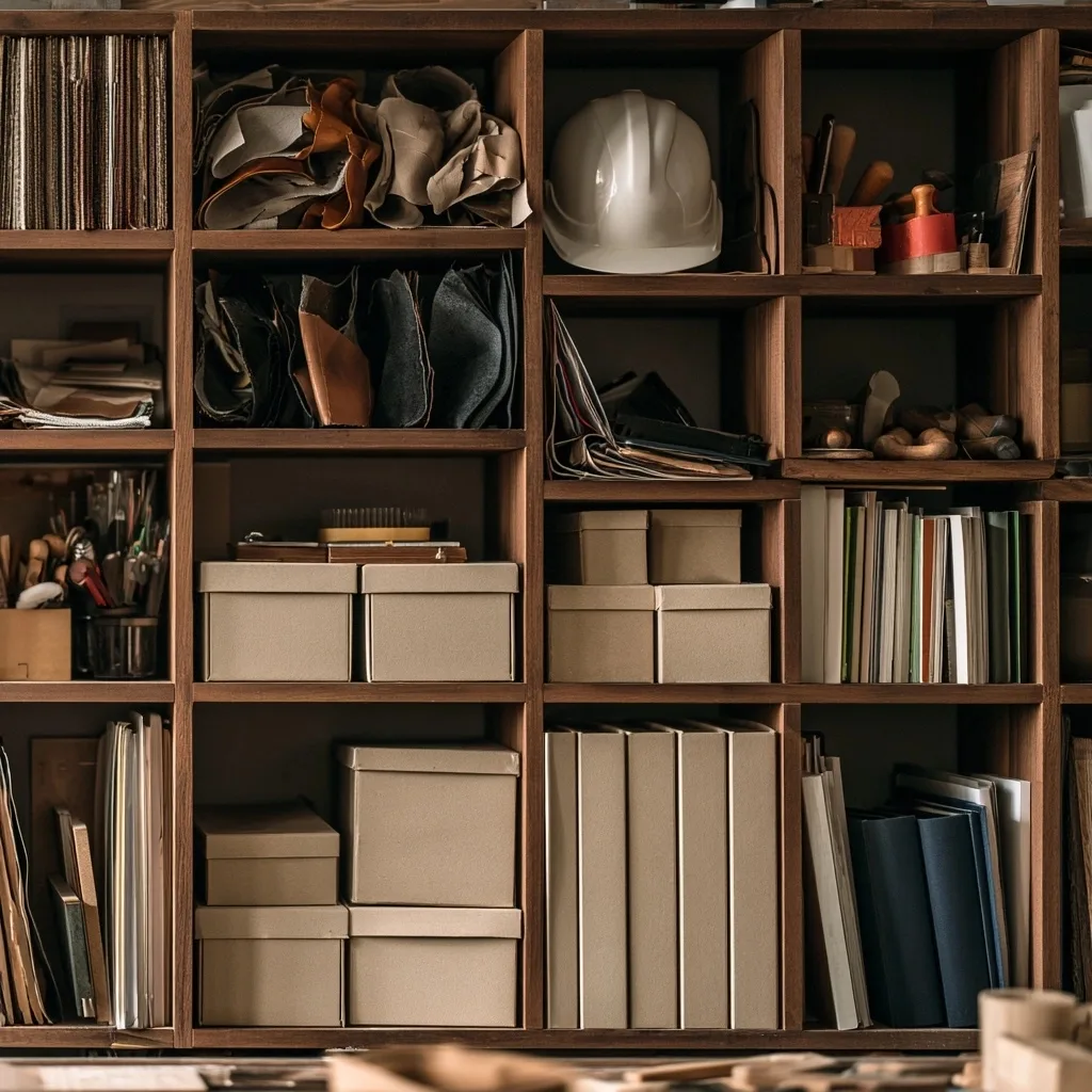 Des matières, outils, boîtes neutres, livres sans texte et un casque sont rangés dans un atelier-bibliothèque