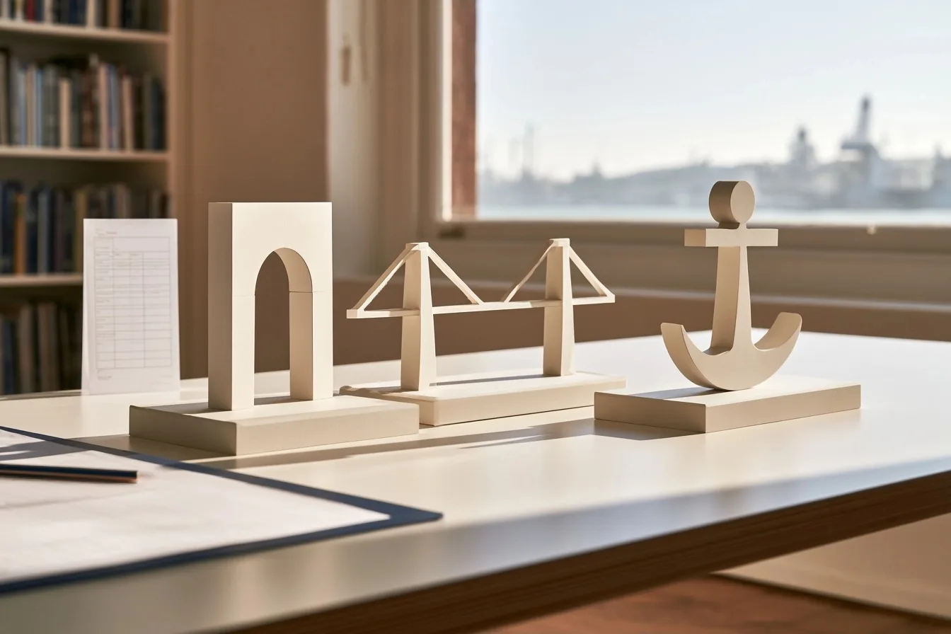 Trois symboles géométriques originaux représentant une porte, un pont et un ancrage sur une table de projet