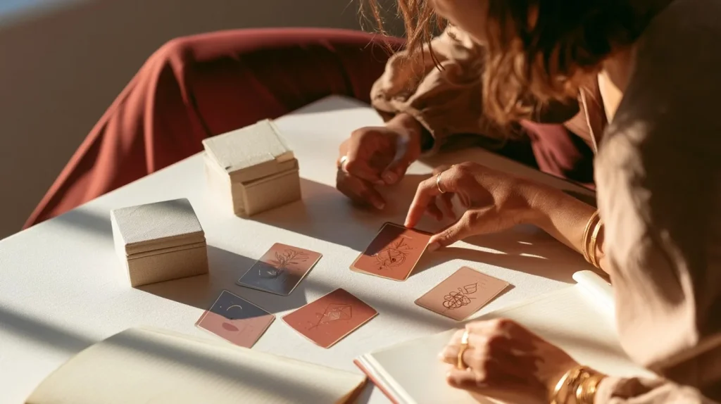 Deux personnes comparent des cartes symboliques abstraites sur une table lumineuse