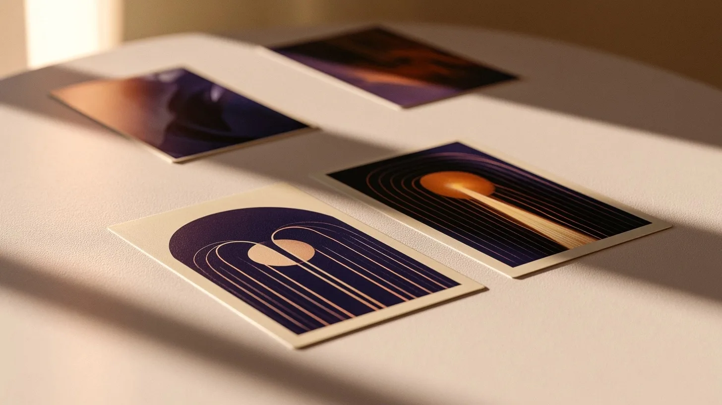 Cartes abstraites originales disposées côte à côte dans une lumière douce