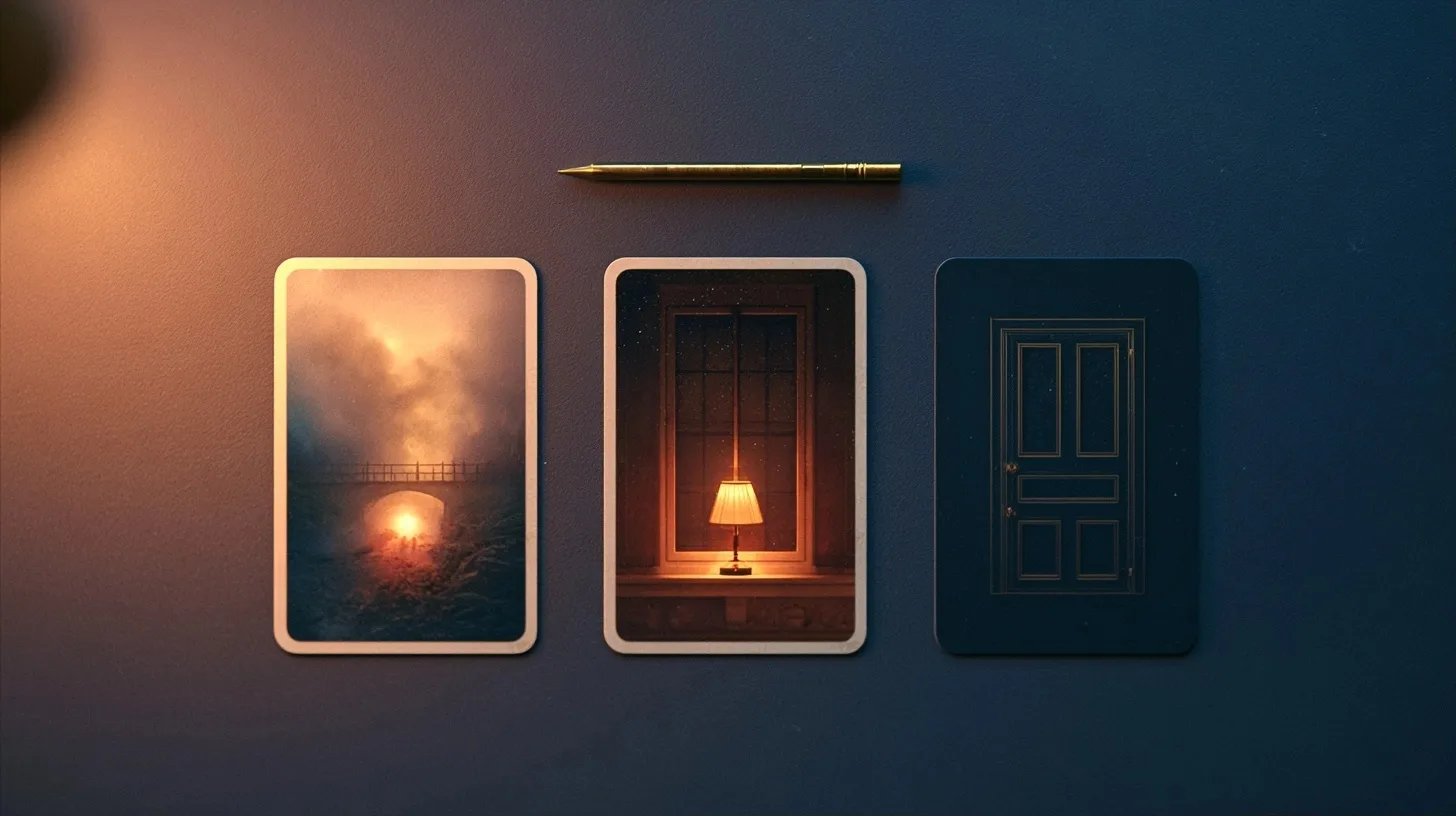 Trois cartes originales montrant un pont brumeux, une lampe et une porte fermée