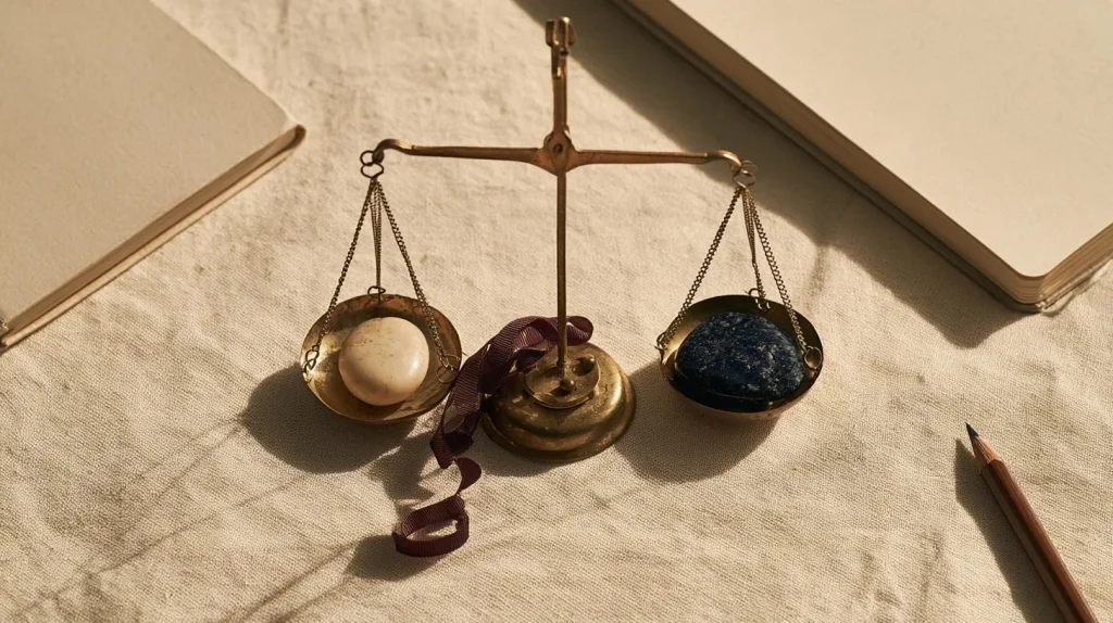 Une balance en laiton entre deux pierres symbolise une réponse à nuancer