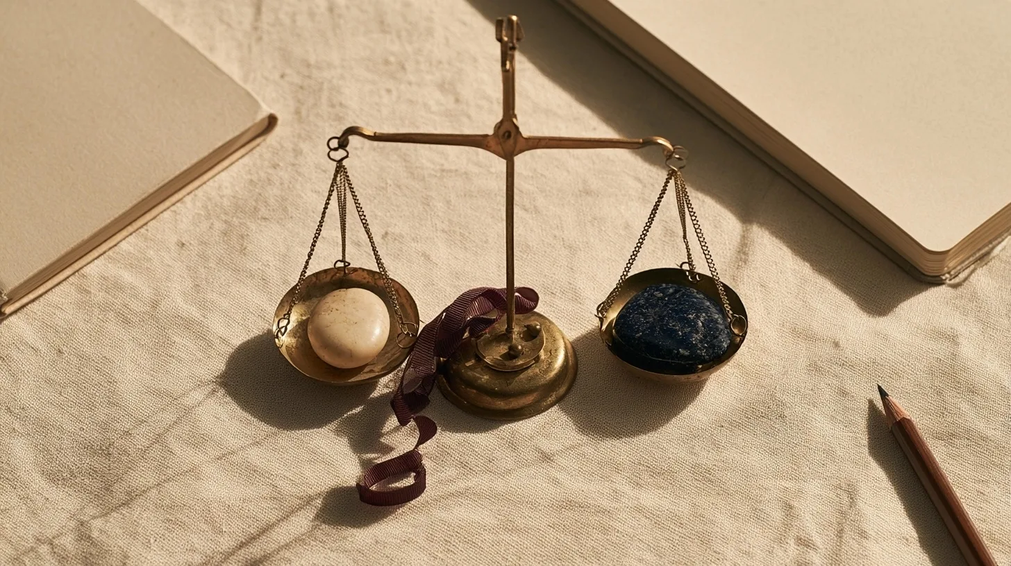 Une balance en laiton entre deux pierres symbolise une réponse à nuancer