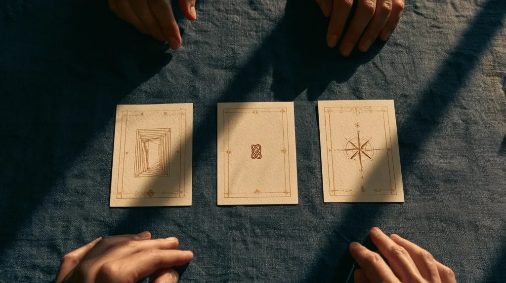 Trois cartes symboliques originales alignées sur une table bleu nuit