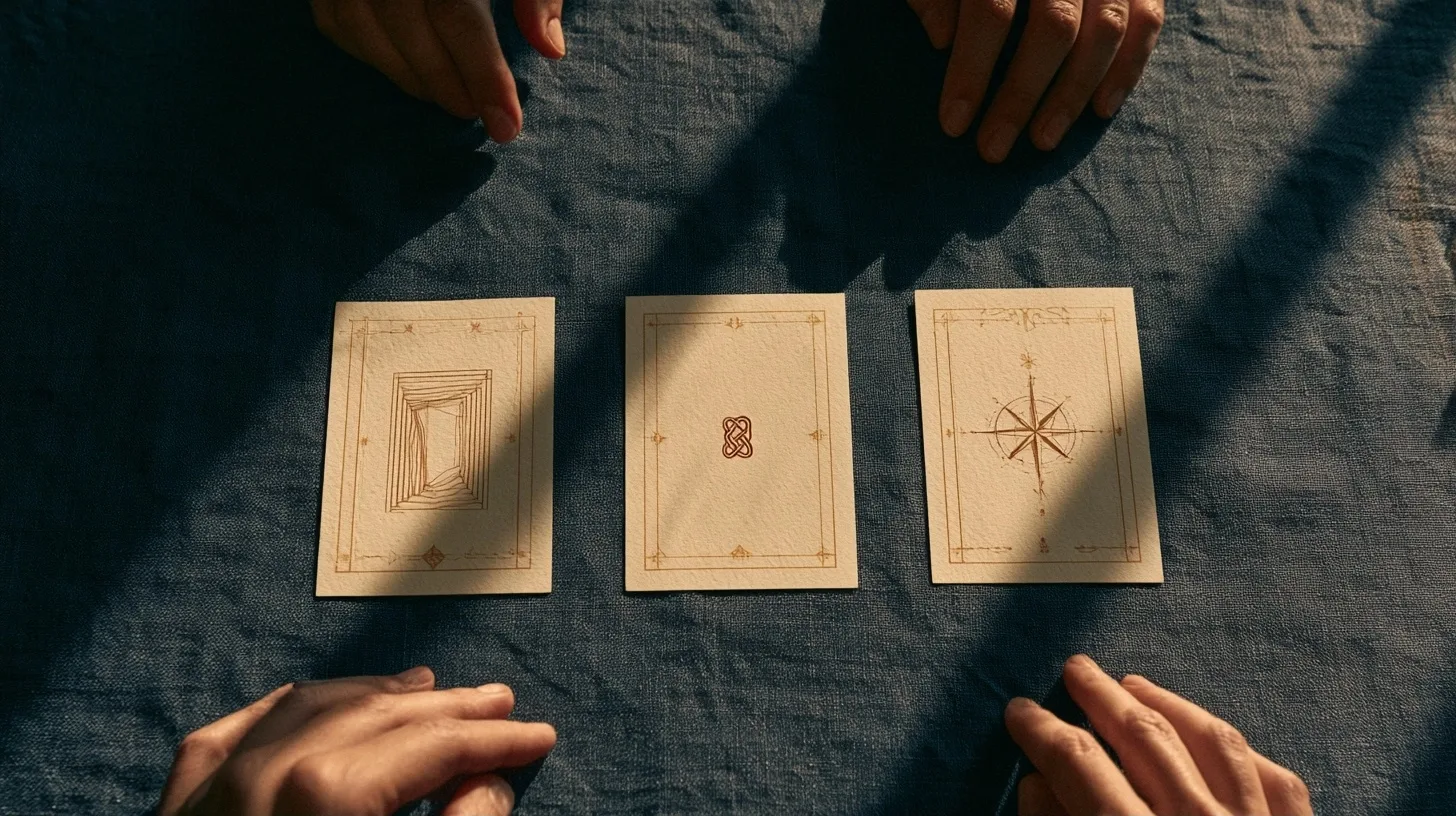 Trois cartes symboliques originales alignées sur une table bleu nuit
