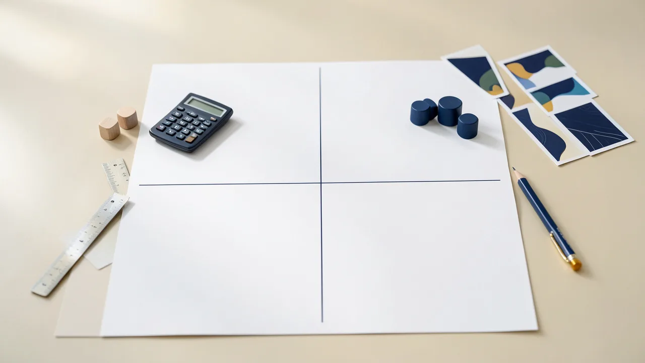 Une feuille divisée en quatre zones, des cartes abstraites et des galets représentent la comparaison entre intuition et faits