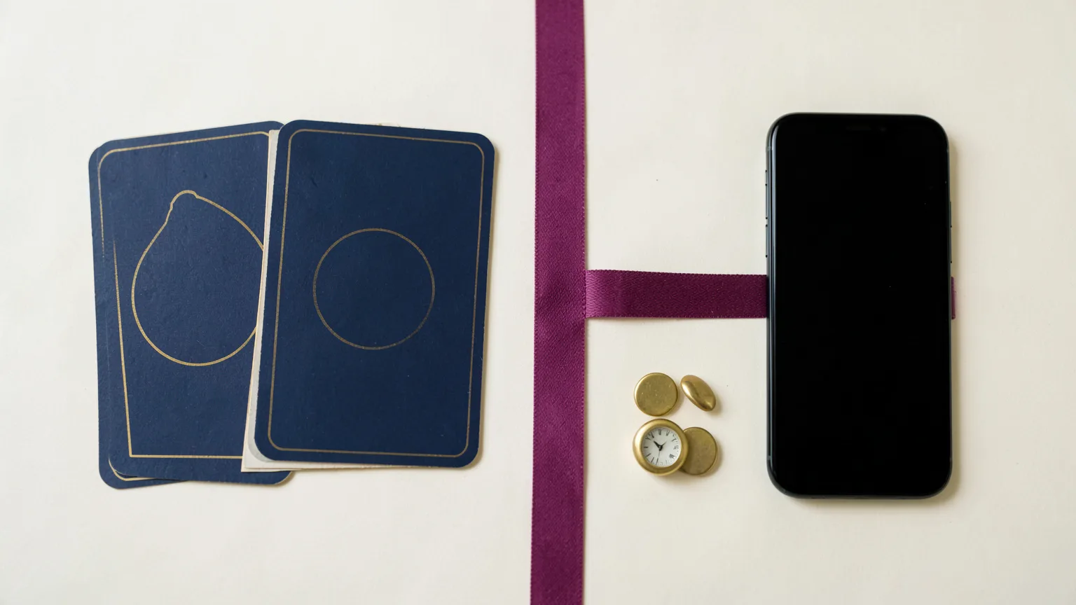 Des cartes symboliques séparées d’un téléphone éteint rappellent de confronter le tirage aux faits