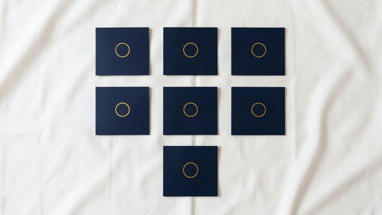 Sept cartes abstraites bleu nuit sont disposées en deux rangées de trois et une carte centrale